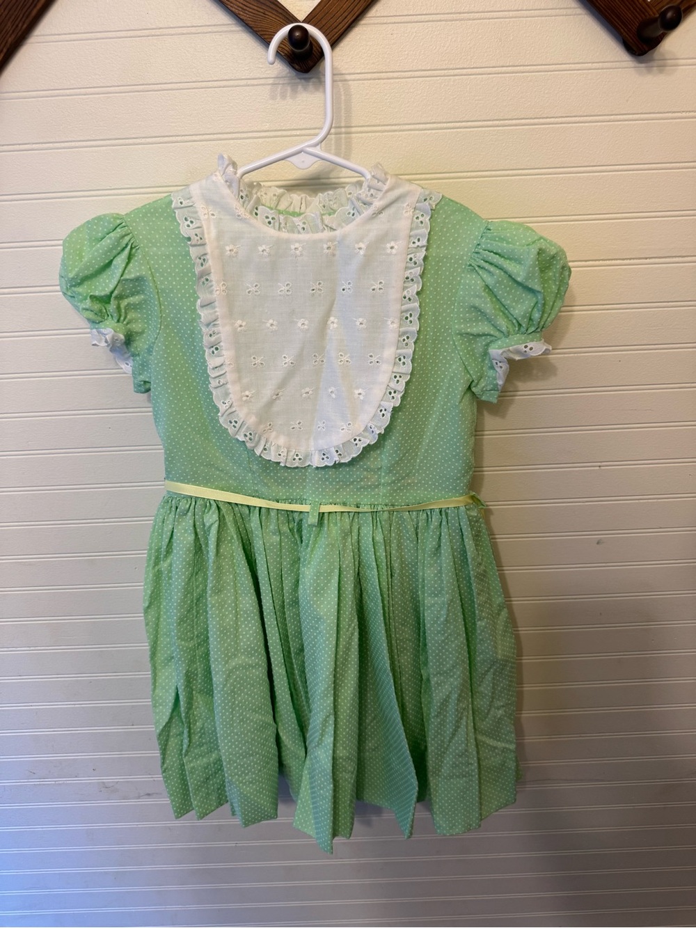 Handmade Girls' Green Polka Dot Costume Dress with White Bib